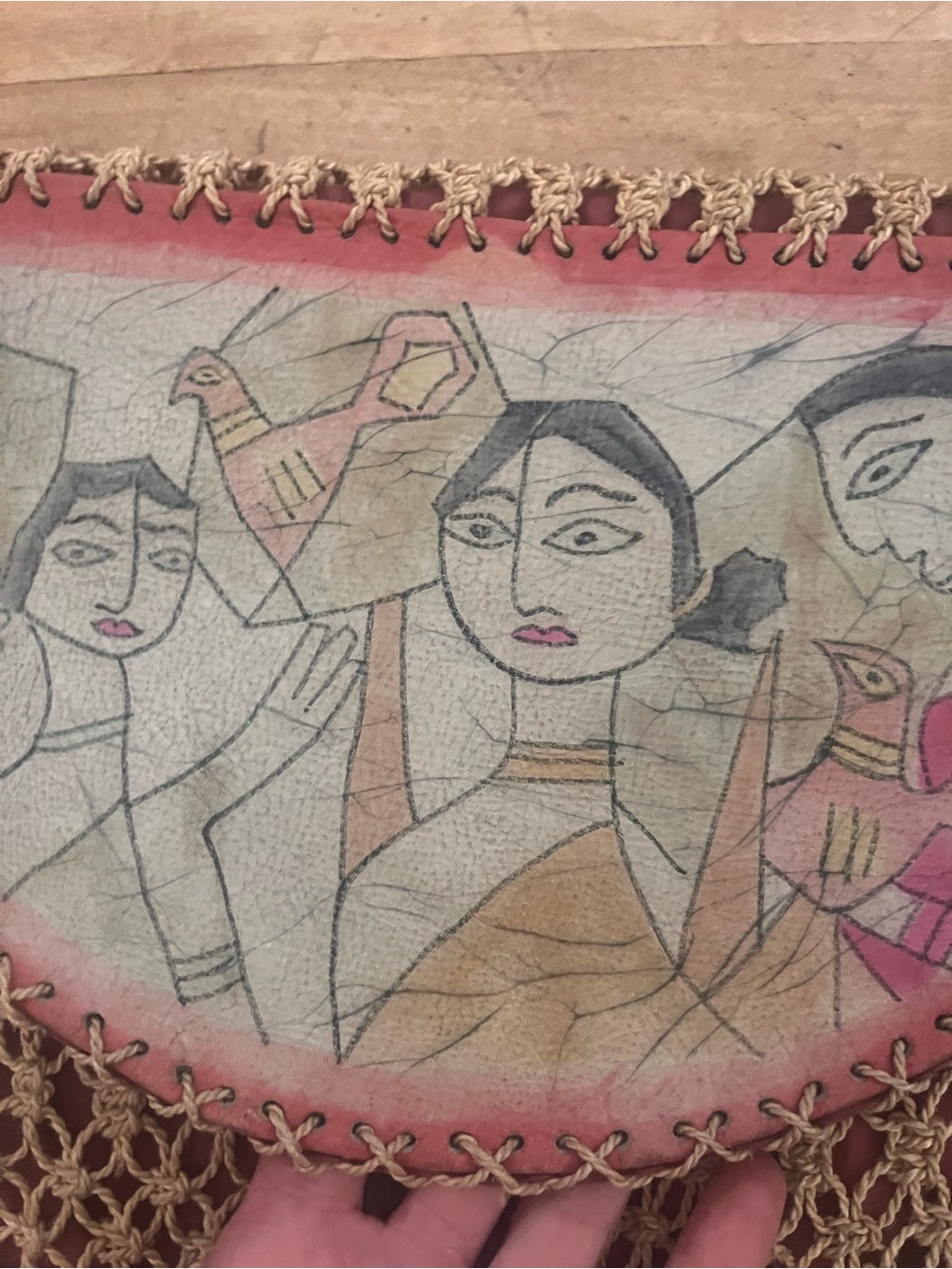 Vtg 1970s Madhubani HandPainted Jute leather macrame SlingBag Authentic Folk Art - Picture 9 of 12